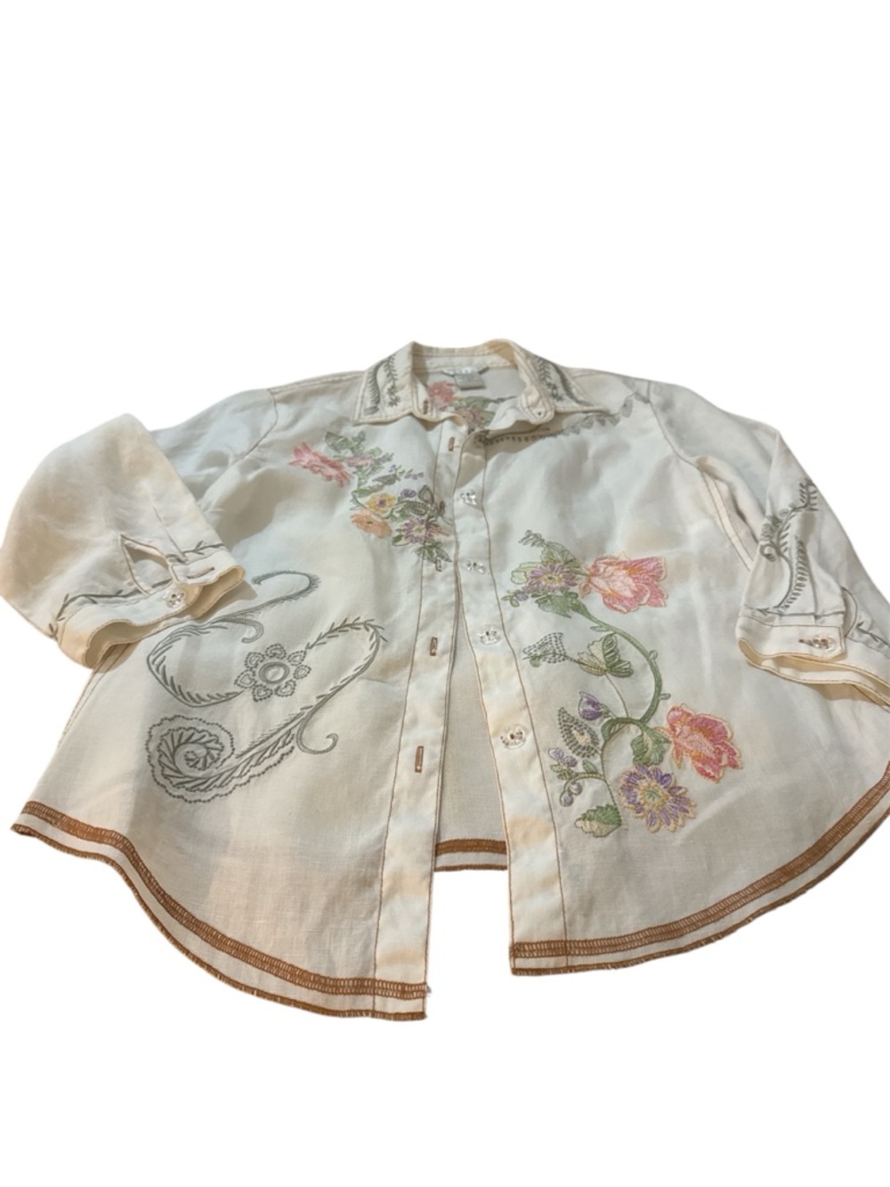Tweeds cream blouse with coral and green embroidery